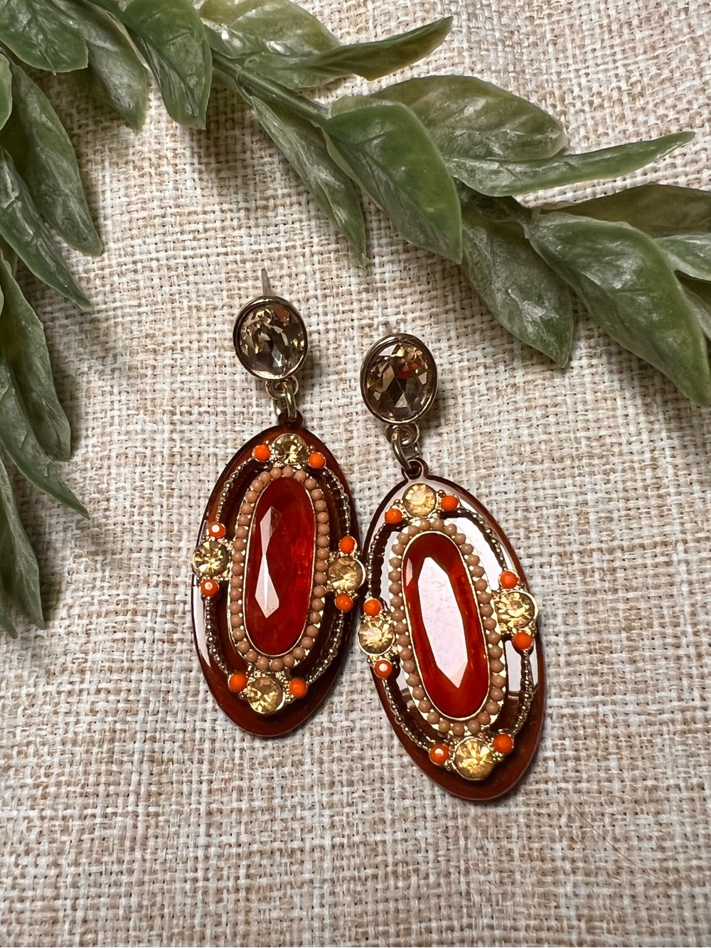 Red and Gold Dangle Oval Earrings with Crystals | Victorian Boho Style